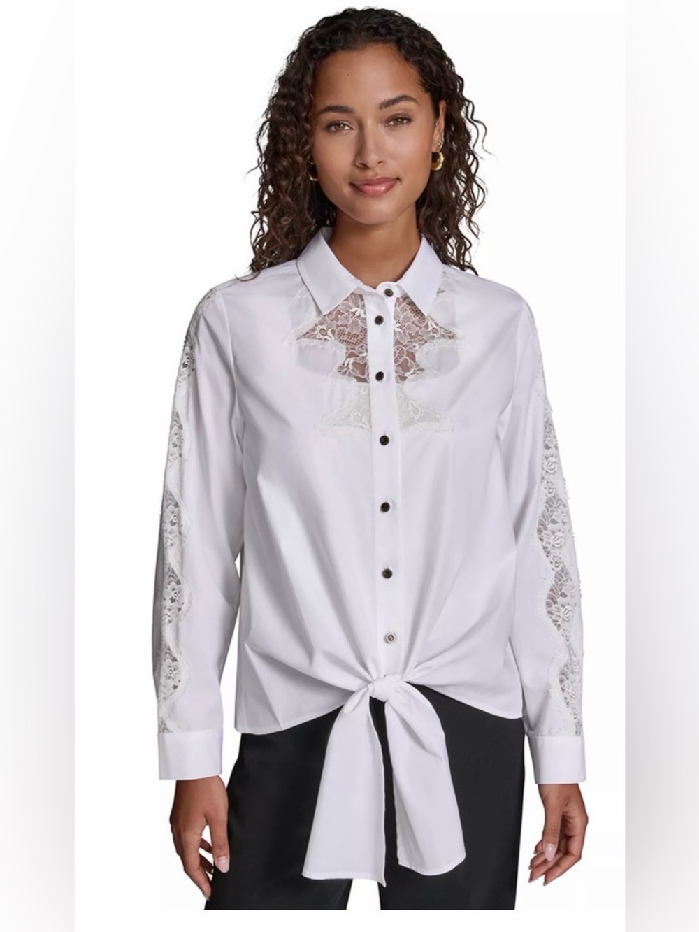 Karl Lagerfeld Paris White Lace-Panel Tie-Front Button-Down Shirt | NWT